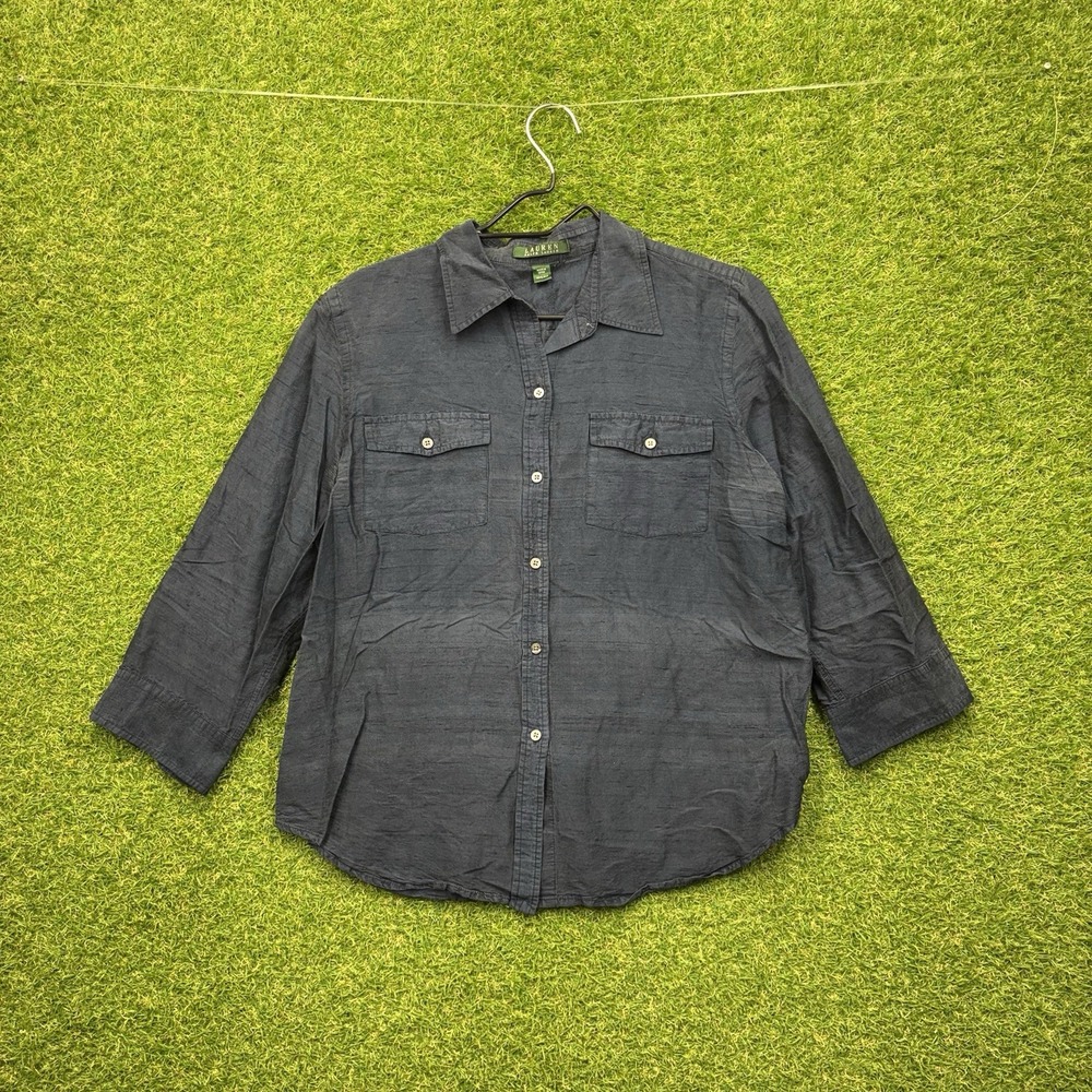 Lauren Ralph Lauren Silk Shirt Womens Medium Navy Quiet Luxury Coastal Comfort